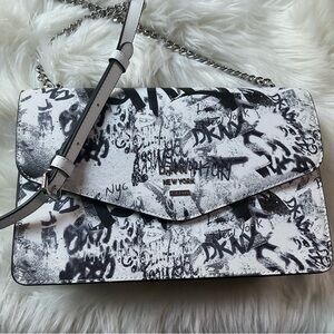 DKNY Whitney Graffiti Large Purse Shoulder Bag White Black Silver